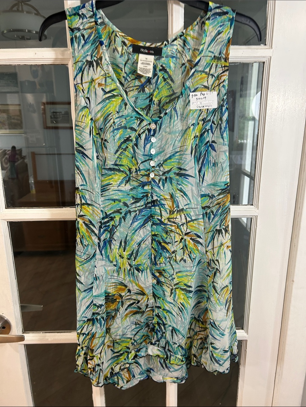 O50.    Sleeveless Tropical Print Button-Front Dress — Blue & Green